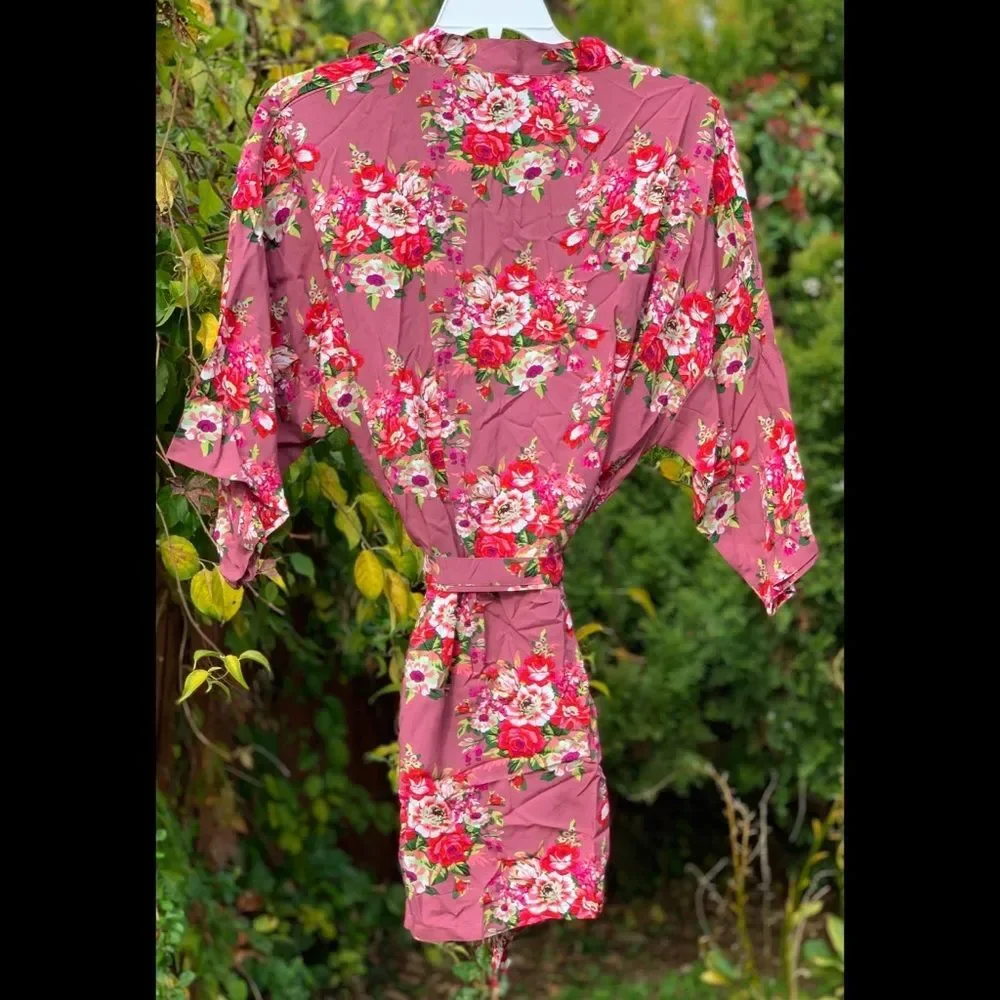 Dusty Rose Floral Bridesmaid Robe Cotton Wedding Getting Ready Robe One Size NEW